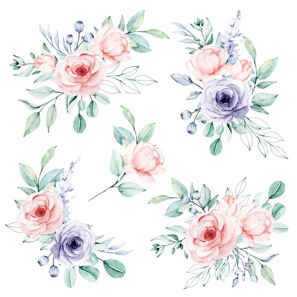Watercolor Floral Set Decor Flowers Leaves Bouquets White Background — 스톡 사진