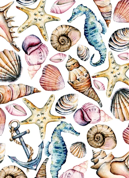 Seashells, marine paper, pattern. Watercolor seahorse, starfish and other shells. Beach design isolated on white background. Scenery hand drawing. Marine collection.