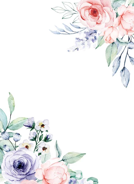 Floral Frame Border Design Watercolor Painting Flowers Leaves — 스톡 사진