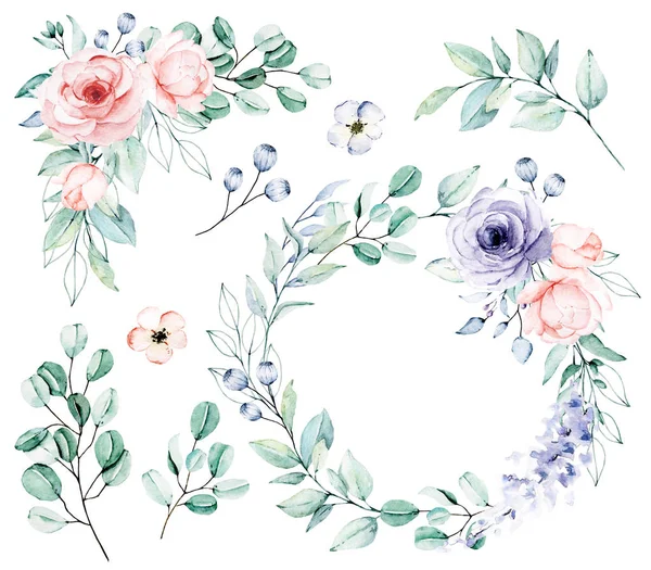 Watercolor Floral Set Λουλούδια Ανθοδέσμες Στεφάνια Απομονωμένα Στο Λευκό — Φωτογραφία Αρχείου