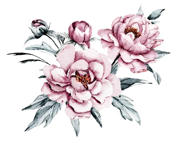 Akwarela Kwiaty Liśćmi Ręcznie Malarstwo Koncepcja Kwiatowa — Zdjęcie stockowe