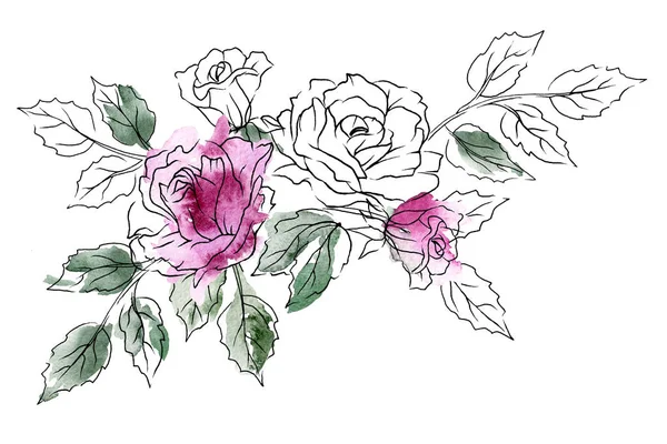 Akvarell Csokor Line Art Virágos Elemekkel — Stock Fotó