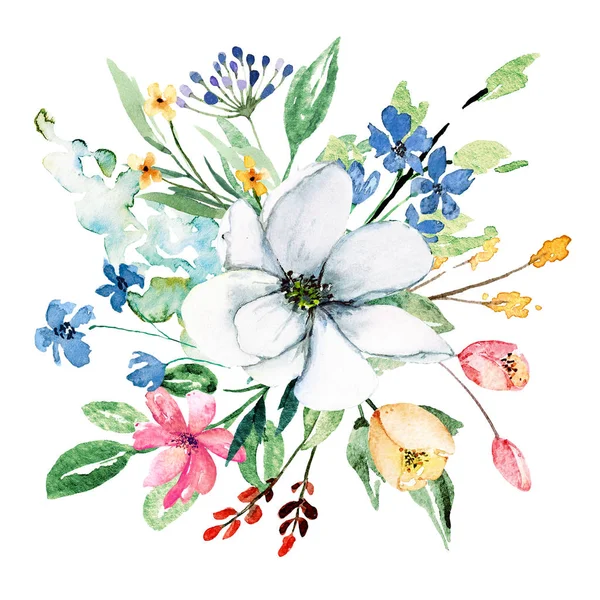 Akvarell Blommor Med Blad Handmålning Blommigt Koncept — Stockfoto