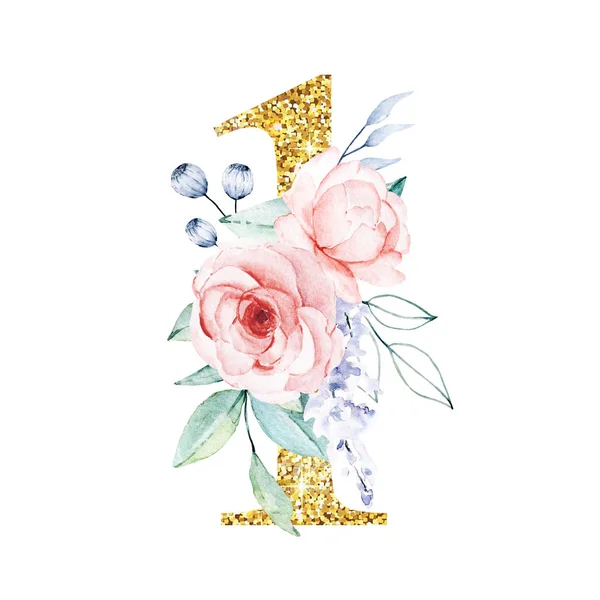 Χρυσαφί Λαμπερό Νούμερο Ανθισμένα Λουλούδια Ακουαρέλα Ζωγραφική — Φωτογραφία Αρχείου