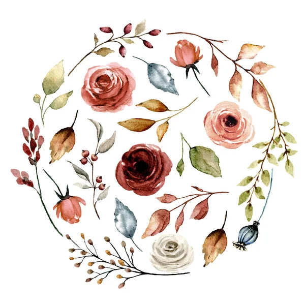 Blommig Cirkel Med Akvarell Sommar Blommor Och Blad Isolerade Vit — Stockfoto