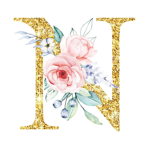 Złoty Alfabet Litera Kwiatami Liśćmi Malarstwo Akwarelowe Monogram Kwiatowy — Zdjęcie stockowe