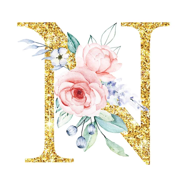 golden alphabet, letter N with flowers and leaves, watercolor art painting, floral monogram