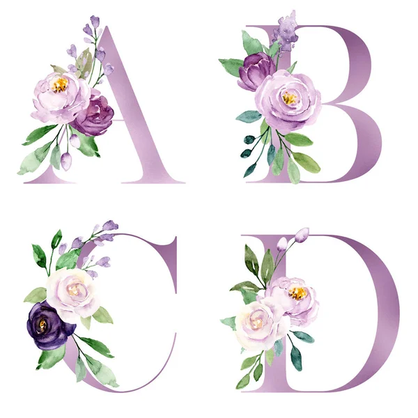 beautiful letters set with flowers and leaves, watercolor painting