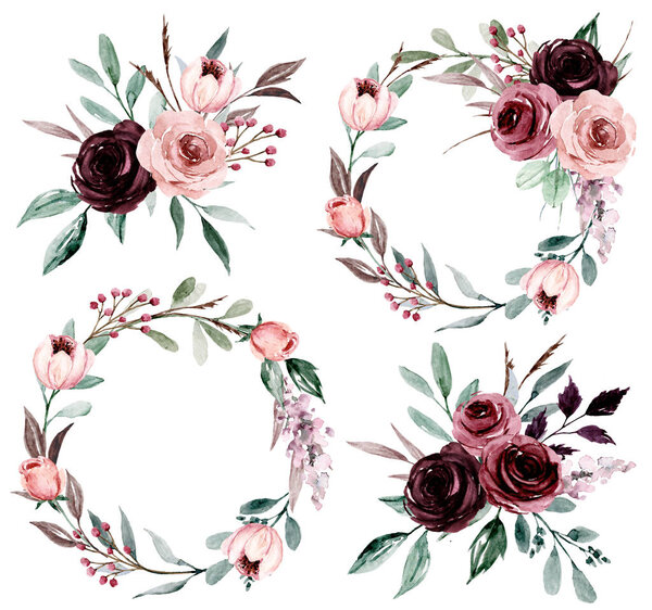 Цветочный набор акварели, букеты цветов, венки, изолированные на белом
