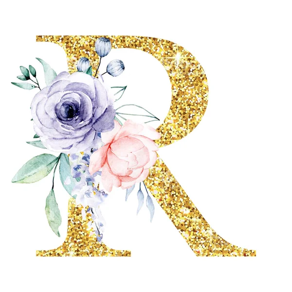 Arany Ábécé Betű Virágokkal Levelekkel Akvarell Festmény Virágos Monogram — Stock Fotó