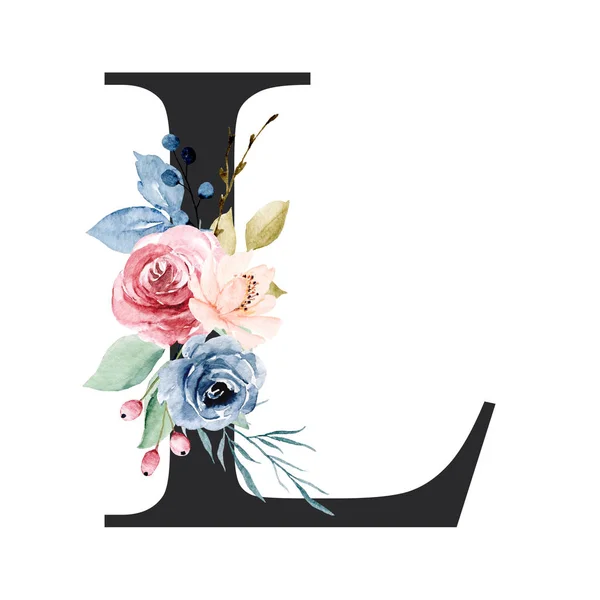 Monogram Kwiatowy Litera Akwarela Malarstwo Kwiatami Liśćmi — Zdjęcie stockowe