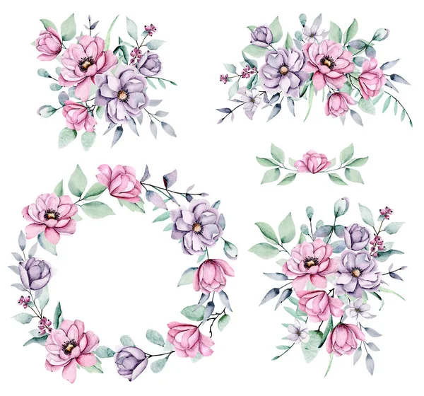 Set Watercolor Floral Drawing Vintage Decoration — Stock Photo, Image