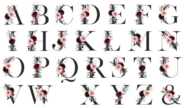 creative floral alphabet, art watercolor painting letters with flowers and leaves