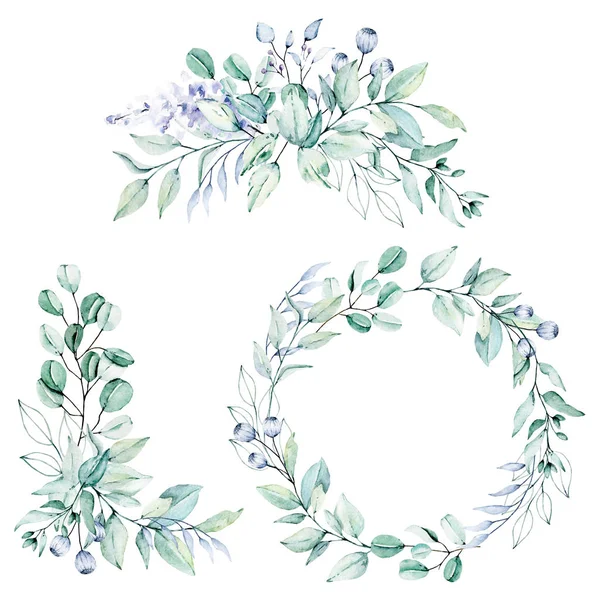 Ακουαρέλα Floral Set Decor Λουλούδια Φύλλα Ανθοδέσμες Λευκό Φόντο — Φωτογραφία Αρχείου