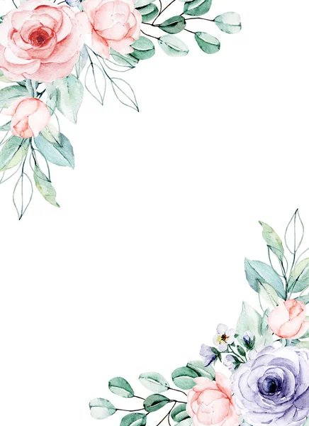 Floral Frame Border Design Watercolor Painting Flowers Leaves — 스톡 사진