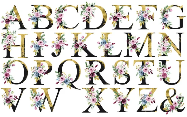 alphabet with floral elements, art watercolor painting letters with flowers and leaves