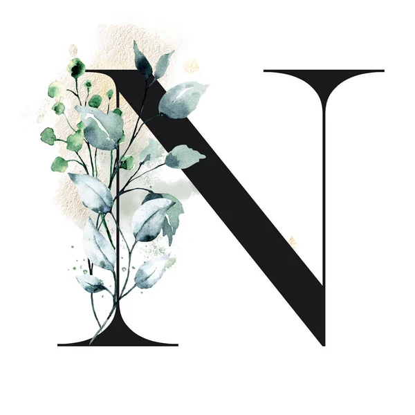美丽的花字母N 有水彩花和叶子 — 图库照片