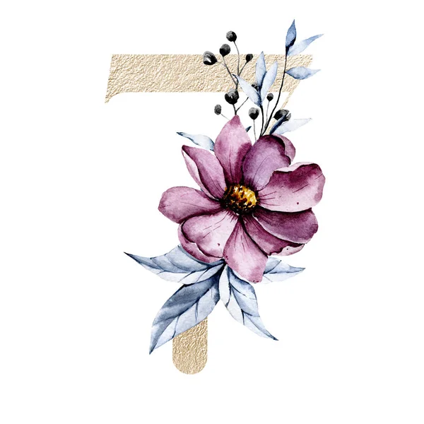 7 numara, elle çizilmiş suluboya resim tasarımı. 