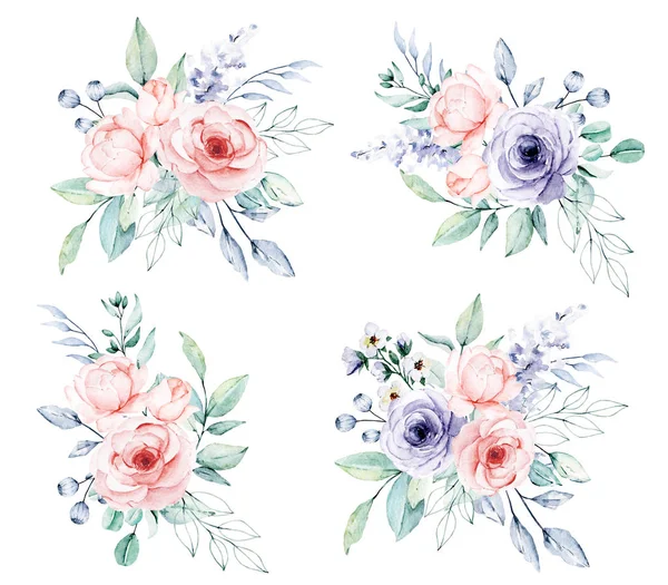 Ακουαρέλα Floral Set Decor Λουλούδια Φύλλα Ανθοδέσμες Λευκό Φόντο — Φωτογραφία Αρχείου