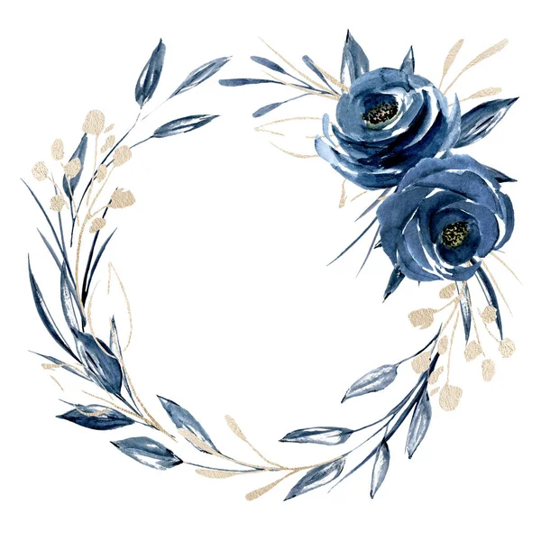 Aquarell Malerei Kunst Mit Blauen Blumen Auf Weißem Hintergrund — Stockfoto