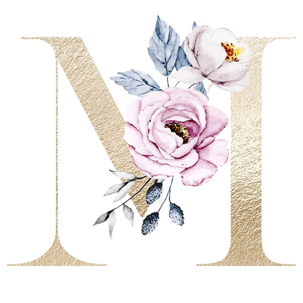 かわいい水彩画 花と葉の文字M 白い背景の花のアルファベット — ストック写真
