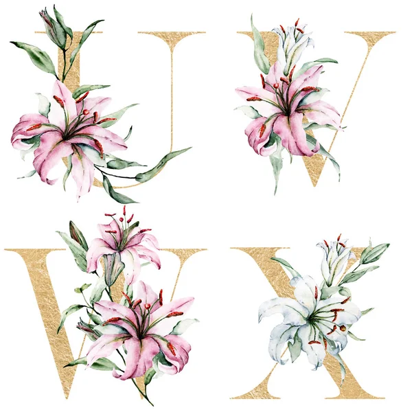 Floral Alphabet Letters Creative Watercolor Art Painting — 스톡 사진