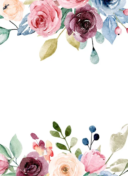 Floral Frame Border Design Watercolor Painting Flowers Leaves — 스톡 사진