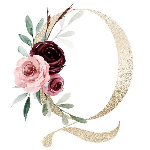 cute watercolor art painting, letter Q with flowers and leaves, floral alphabet on white background