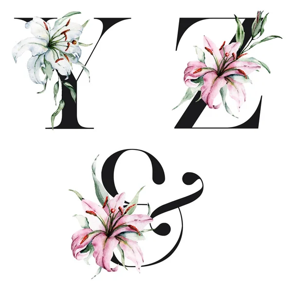 Alfabeto Floral Letras Con Símbolo Ampersand Pintura Artística Acuarela Creativa — Foto de Stock