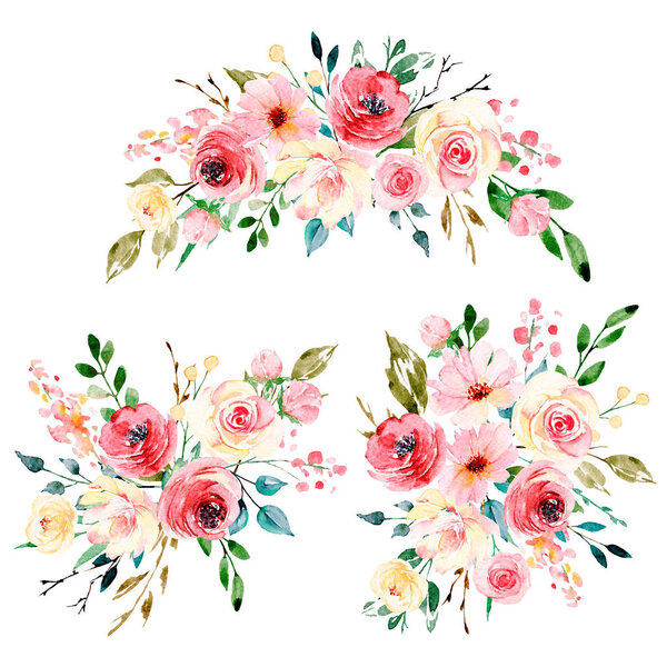Цветочная коллекция с акварельными цветами, набор красочных букетов
