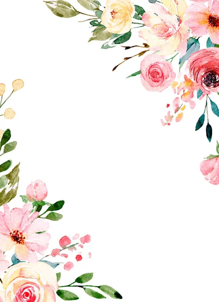 Floral Frame Border Design Watercolor Painting Flowers Leaves — 스톡 사진