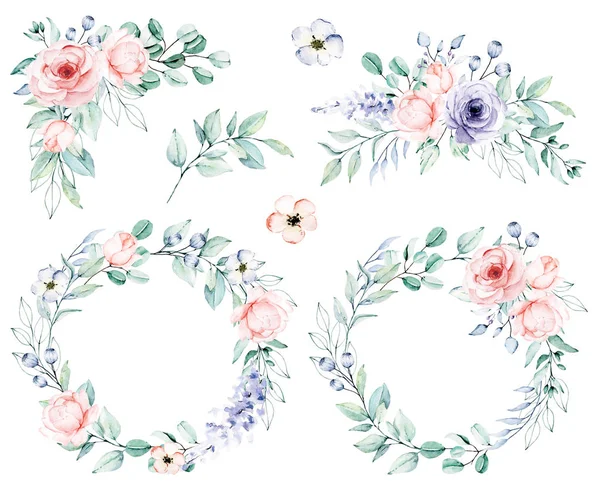 Koncepcja Dekoracji Wieńce Kwiatów Akwarela Kwiatowy Klip Sztuki — Zdjęcie stockowe