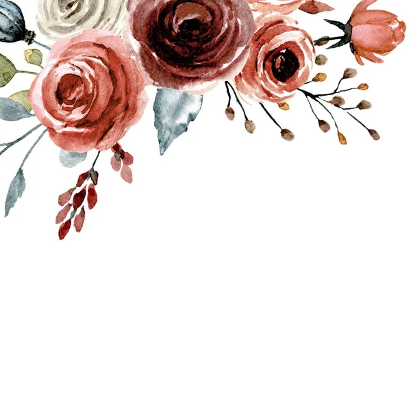 Cadre Floral Bordure Design Avec Aquarelle Peinture Fleurs Feuilles — Photo