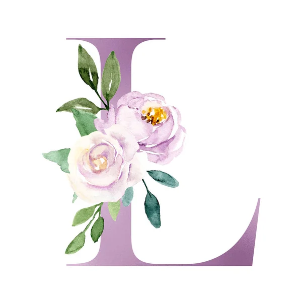 Akwarela Malarstwo Sztuki Litera Kwiatami Liśćmi Alfabet Kwiatowy — Zdjęcie stockowe