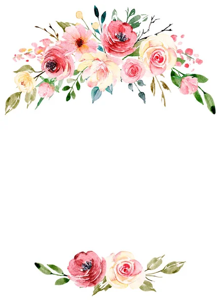 Design Borda Moldura Floral Com Flores Folhas Pintura Aquarela — Fotografia de Stock