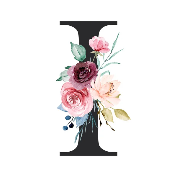 Monogram Kwiatowy List Malarstwo Akwarelowe Kwiatami Liśćmi — Zdjęcie stockowe