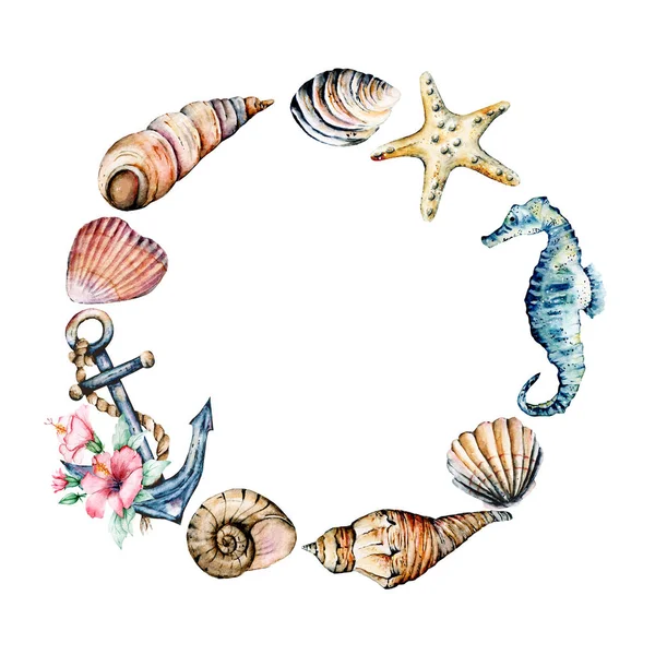 marine frame with watercolor seahorse, starfish and other shells.