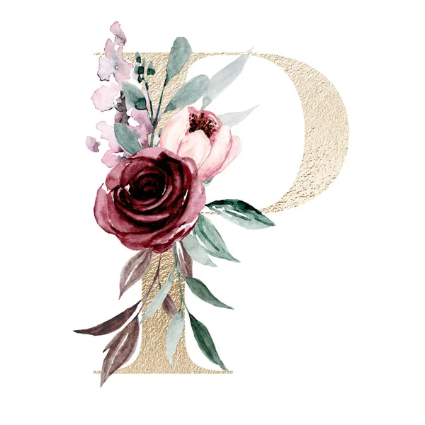 Χαριτωμένο Ακουαρέλα Ζωγραφική Τέχνη Γράμμα Λουλούδια Και Φύλλα Floral Αλφάβητο — Φωτογραφία Αρχείου