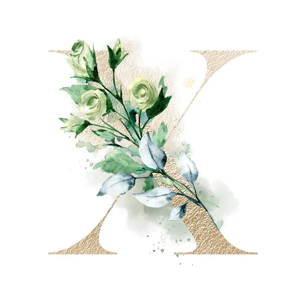 Beautiful Floral Letter Watercolor Flowers Leaves — 스톡 사진