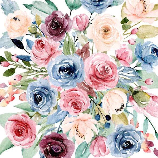 Bela Composição Floral Com Aquarela Flores Pintadas — Fotografia de Stock