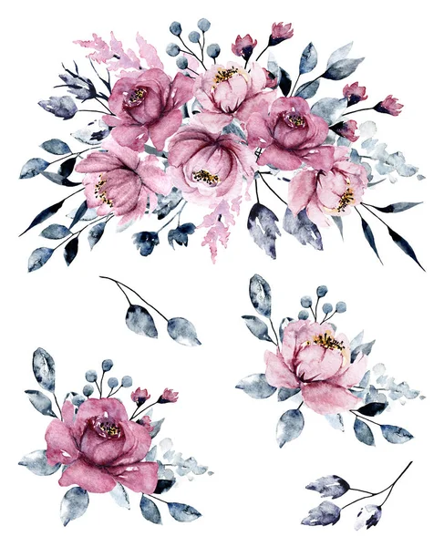 Watercolor Floral Set Decor Flowers Leaves Bouquets White Background — 스톡 사진