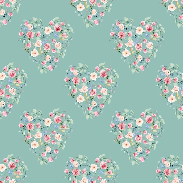 Watercolor Seamless Pattern Floral Heart Wreaths — Stock Photo, Image
