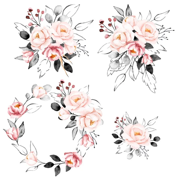 Bloemen Collectie Met Aquarel Bloemen Set Van Kleurrijke Boeketten — Stockfoto