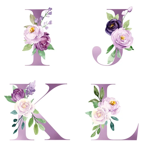 beautiful letters set with flowers and leaves, watercolor painting