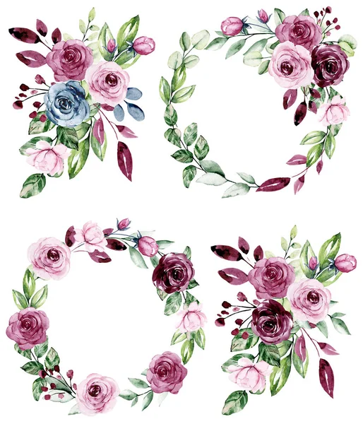 Watercolor Floral Set Flowers Bouquets Wreaths Isolated White — Stock Photo, Image