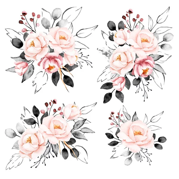 Ακουαρέλα Floral Set Decor Λουλούδια Φύλλα Ανθοδέσμες Λευκό Φόντο — Φωτογραφία Αρχείου