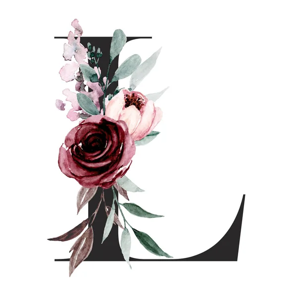 cute watercolor art painting, letter L with flowers and leaves, floral alphabet on white background