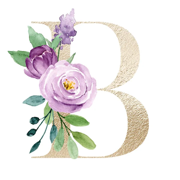 Watercolor Art Painting Letter Flowers Leaves Floral Alphabet — 스톡 사진