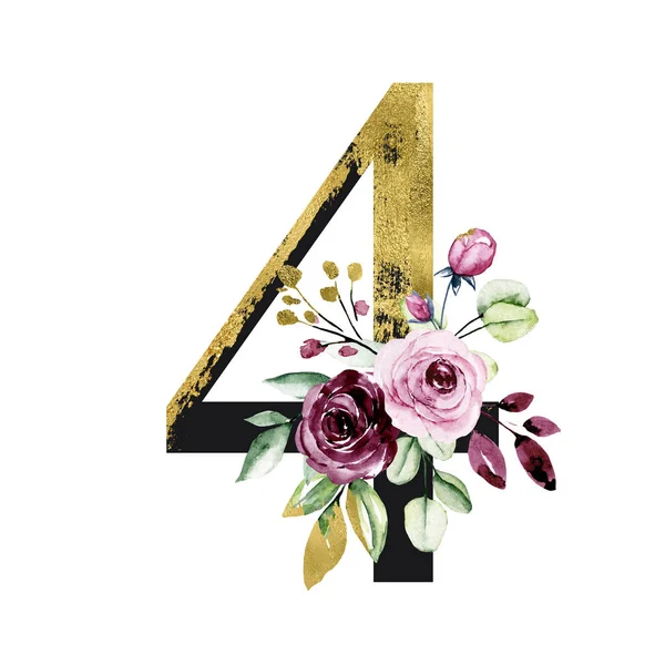number 4 on white background, with flowers and leaves made with watercolor, floral monogram