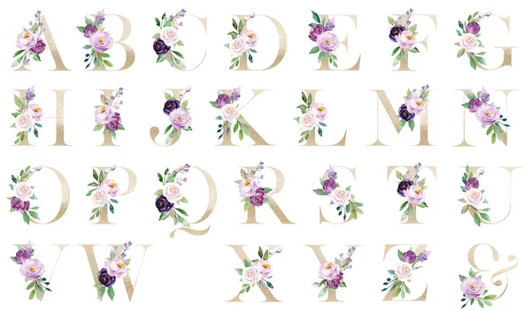 Floral alphabet, letters set with watercolor flowers and leaves